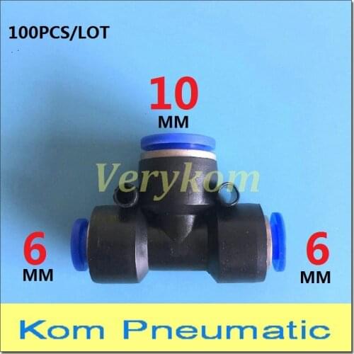 Wholesale 100pcs/lot Pneumatic Tube Hose 6mm To 10mm Pipe Unequal Enlarge Union Tee Air Fitting Quick Connector PEG 6-10 6-10-6