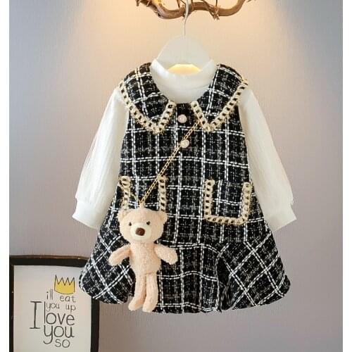 Girl Baby Princess Autumn Dresses Kids Party Elegant Plaid Costumes Fashion Long Sleeve Lace Tops Tweed Clothes With Bear Bag