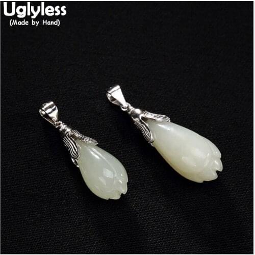 Uglyless 100% Real Solid 925 Sterling Silver Handmade Flower Pendants Necklaces NO Chains Natural Jade Magnolia Pendant Jewelry