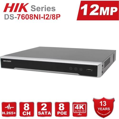 Hikvision PoE NVR 4K 12MP 8CH H.265+ DS-7608NI-I2/8P 8 Channel Embedded Plug & Play 4K Network Video Recorder with 8 PoE Port