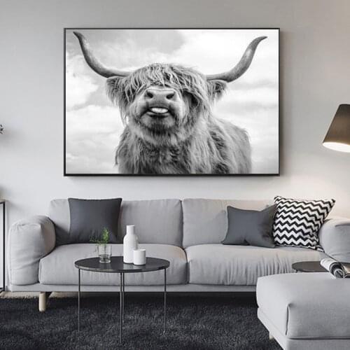 Modern Black White Highland Cow Painting Canvas Art Abstract Animal Poster Wall Pictures For Living Room Home Decor No Frame