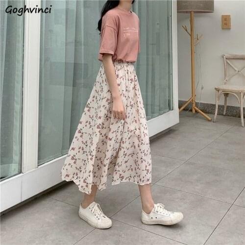 Mid-calf Skirts Women Vintage Printed Elastic Waist Sweet Summer Skirt Female All-match Prairie Chic Korean Style Kawaii Simple
