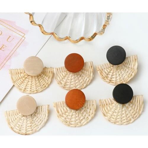 YAOLOGE Handmade Drop Earrings For Women Wooden Straw Weave Rattan Earrings Big Round Sector Fashion Trendy Dangle Jewelry Boho