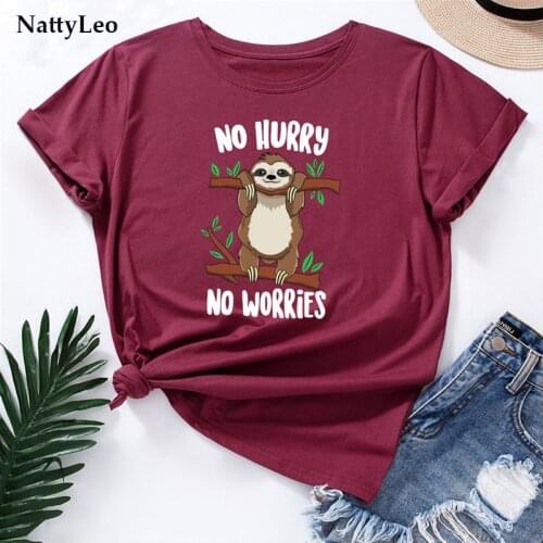 Kawaii Clothes Letters Cute Sloth Print T-shirt 100%Cotton T Shirt Summer Plus Size O-Neck Short Sleeve TShirt Women Black Top