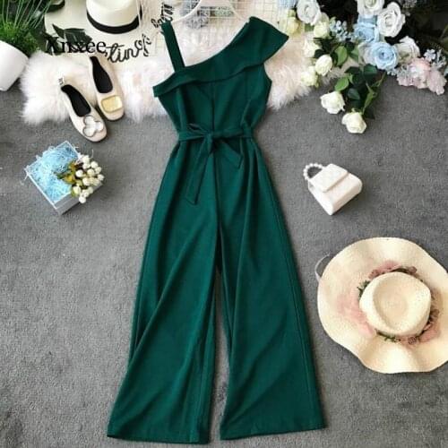 2021 Summer Womens Suspender Jumpsuit Off-Shoulder High-Waist Solid Color Fashion Casual Wide-Leg Pants