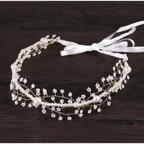 Handmade White Pearl Ribbon Bridal Headband Pageant Bride Headpiece For Women Wedding Hair Accessories Head Jewelry
