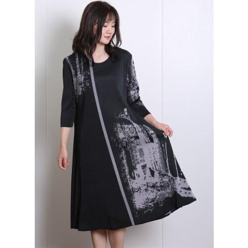 Pleated Print Slim Fit Long Sleeve Big Swing Womens Fashion Wrinkle Dress