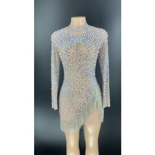 2020 Silver Rhinestones Fringe Pearl Transparent Dress Long Sleeves Women Dance Show Dress Bar Birthday Outfit Dress