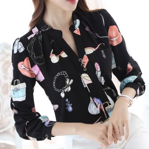 2021 New Fashion print chiffon blouse V- neck shirt plus size women Chiffon Blouse Shirt Female Work Office Tops Blusas 882G