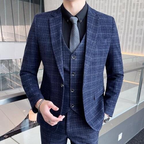 5 PCS (Jacket+Vest+Pants+Shirt+Necktie)Boutique Fashion Plaid Suit Male BusinessCasual Mens Wedding Suit Mens Blazer Plus Size