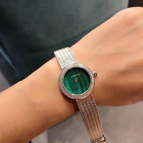 Hot 26mm Mini Size Round Malachine Stone Dial Watch For WOmen Stainless Steel Mesh Buckle Green Clock Female Famous Brand Watch