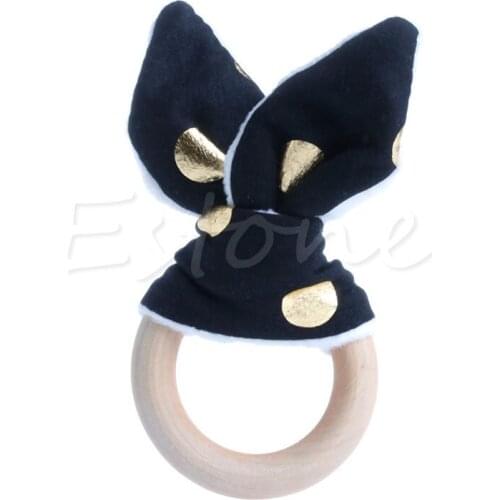 Handmade Wooden Natural Baby Teething Ring Chewie Teether Bunny Sensory Toy Gift 634F