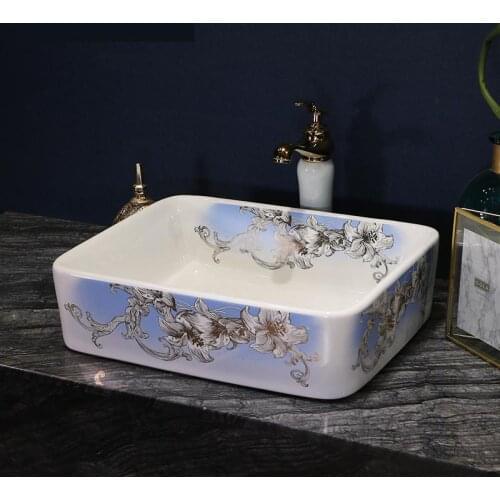 Europe Vintage Style Ceramic Art Basin Sink Counter Top Wash Basin Bathroom Sinks vanities hand painted wash basins rectangular
