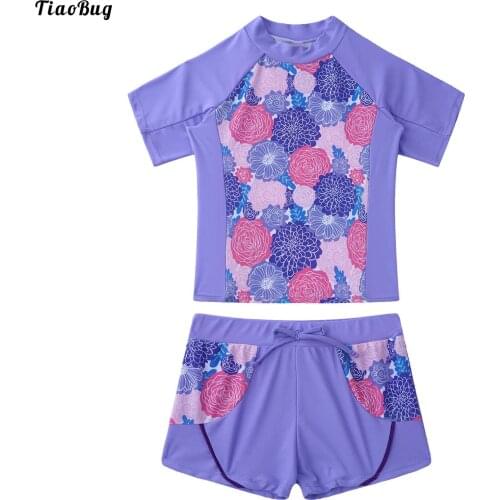 TiaoBug Summer Kids Girls 2Pcs Tankini Swimwear Round Neck Short Sleeves Floral Print Top And Boyshorts Beach Bathing Pool Suit