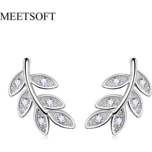 MEETSOFT Silver Plated Prevent Allergy Fashion Stud Earrings for Women Design Trendy Crystal Small Leaf Feather Jewelry Gift