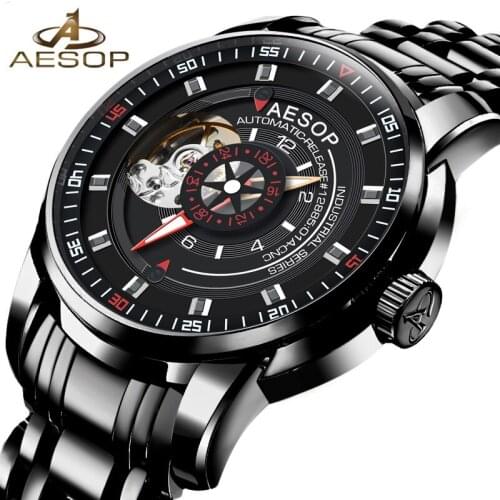 Aesop Mens Mechanical Watch Automatic Toubillon Date Relogio Business Skeleton Stainless Steel Wrist Watches Clock Reloj Hombre