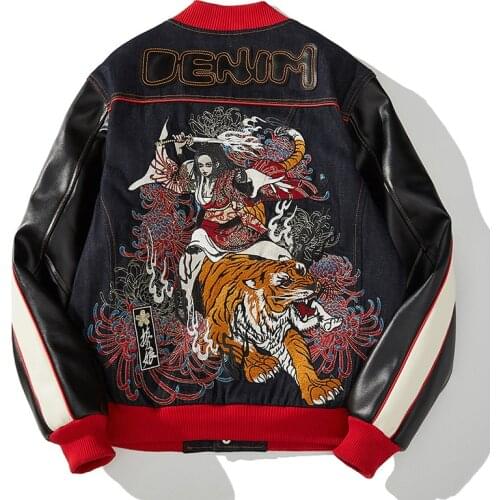 Mens Tiger Embroidered Jackets Japanese Sukajan Souvenir Flight Jacket Bomber Coat Chic Outwear Leather Slim Fit New 2021