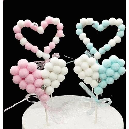 Heart-Shaped Happy Birthday Cake Topper Soft Pompom Cake Decorations Baby Shower DIY Cake Top Flags Festival Party Supplies