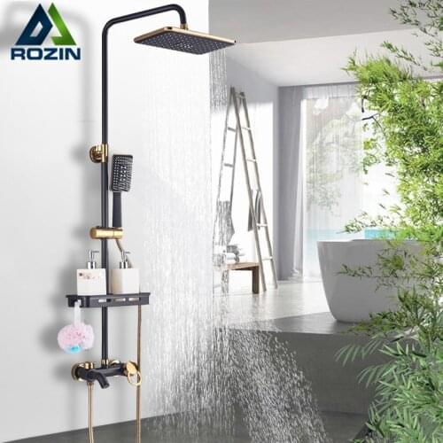 Rozin Black gold Shower Faucet Set Bathroom Rainfall Shower Kit with shelf Wall Mounted Swivel Tub Spout Hot Cold Mixer Tap