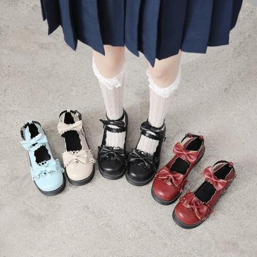 Japanese College Students Girls Lolita JK Platform Shoes Round Toe Buckle Straps Bow PU Leather Gothic Anime Cosplay Shoes