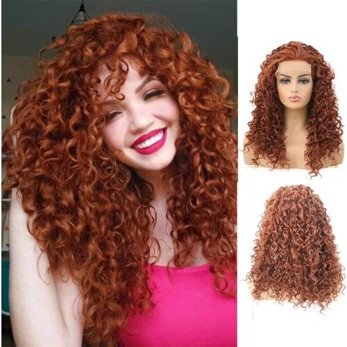 AIMEYA Copper Brown Deep Curly Long Synthetic Lace Front Wig for Women Free Part Natural Hairline Half Hand Tied Lace Hair Wigs
