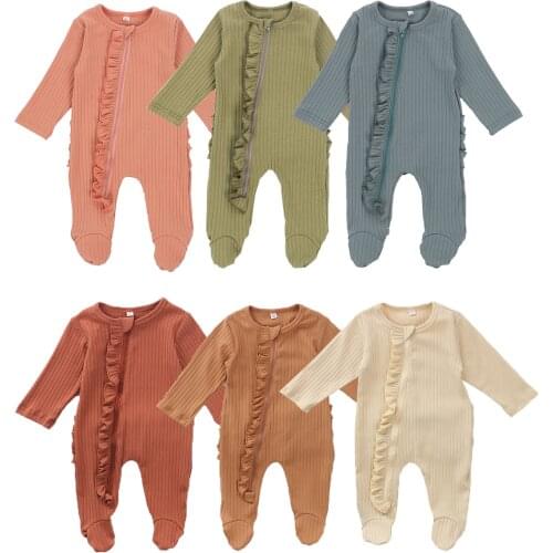 Citgeett Spring Autumn Solid 5 Colors Newborn One-piece Footies Pajamas Infant Long Sleeve Round Neck Ruffle Nightclothes