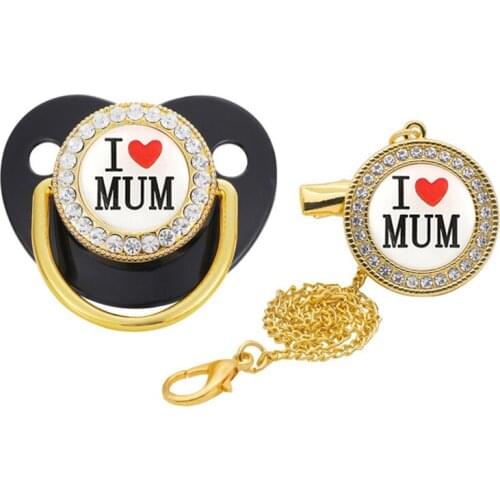 Luxury I Love MaMa Bling Bling Pacifier with Chain Clips Newborn Infant Food Grade Silicone Dummy Nipples For Baby Shower Gift