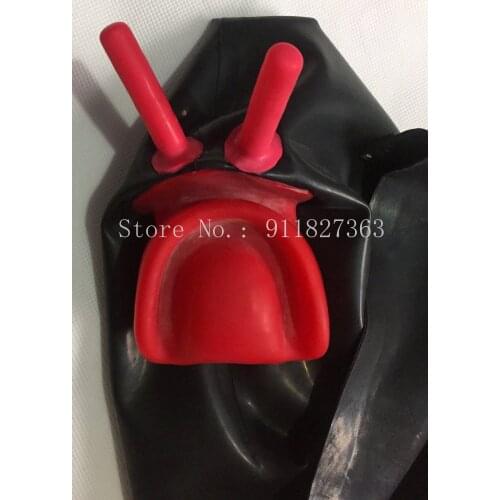 Sexy exotic lingerie Latex Hood with Red Teeth Gag and Nasal Tubes Back Zip Fetish Hood ( with closed mouth)