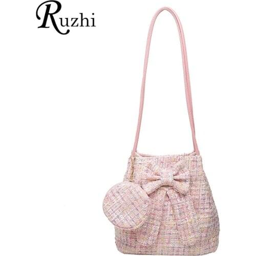 Versatile 2 Piece Set Woolen Cloth Shoulder Bags For Women 2021 Spring Designer Bow Crossbody Bag Sweet KPOP Handbag Gift Purse