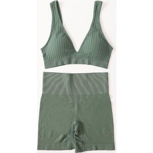 Women Seamless Bra Deep V Bra Set High Waist Shorts V Neck Crop Top Female Underwear Shorts Bralette Sexy Lingerie Set