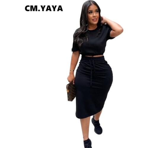 CM.YAYA Women Set Solid Short Sleeve O-neck Crop Tops Skinny Midi Skirts Two 2 Piece Sets Active Tracksuit Summer Outfits 2021