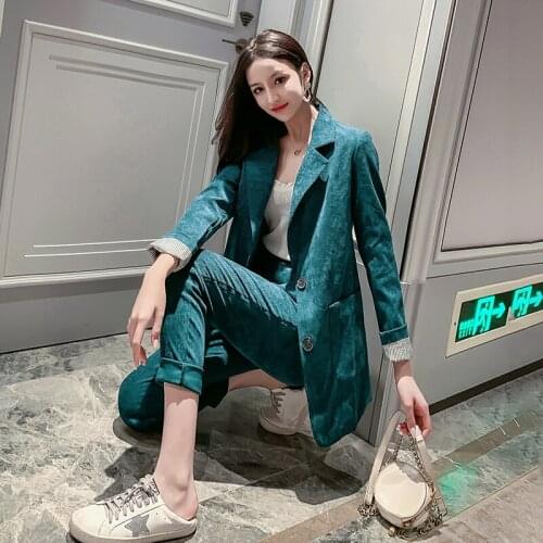 2021 New Women Spring Corduroy Two Piece Set Casual Blazer Suits Single Breasted Jacket+ High Waist Long Suit Pants