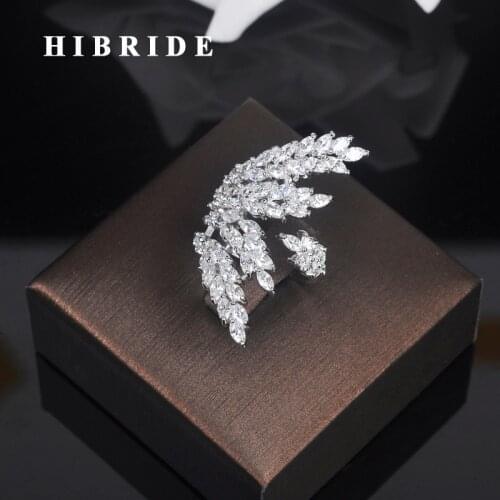 HIBRIDE Beauty Leaf Shape Clear Cubic Zirconia White Gold-Color Women Open Adjustable Finger Ring Anillos For Party Show R-197