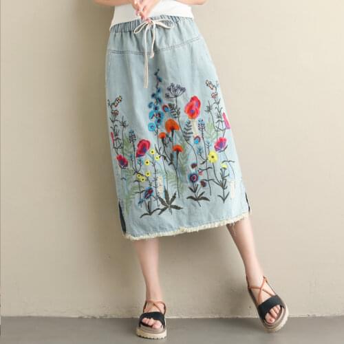 #2421 Summer Vintage Denim Skirts For Womens Side Split Floral Embroidery Split Midi Jeans Skirt Ladies Elastic Waist Skirt