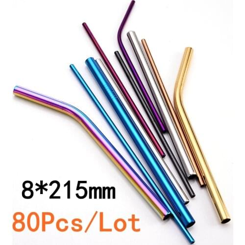80Pcs 8mm*215mm Reusable Metal Straw 304 Stainless Steel Drinking Straight Bent Straws Eco-friendly Party Bar Accessories