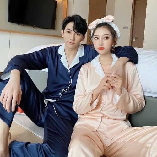 2020 Satin silk plush lovers pajamas sets women Couples sleepwear long sleeve Fresh high quality exquisite pyjamas women 99075
