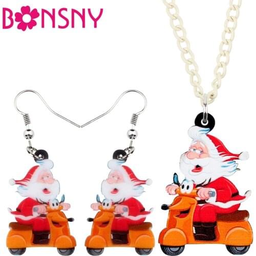 Bonsny Acrylic Christmas Anime Cycling Santa Claus Jewelry Set Necklace Earrings Festival Jewelry Women Girl Charm Gift 2019 New