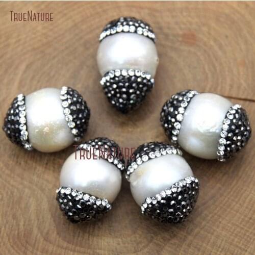 High Quality Freshwater Pearl Loose Beads Pave Gun Metal Rhinestone Micro Olivary Shape Beads Spacer In 21*15 mm BE10144