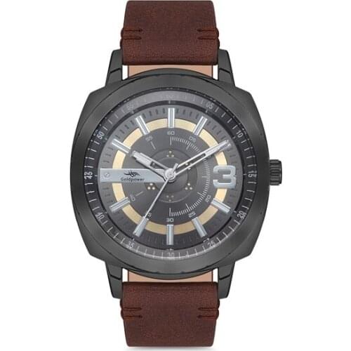 Goldpower Brown Leather Watchband Antresit Color Metal Case Men 'S Wristwatch Clock