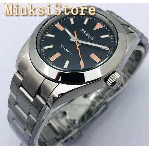 PARNIS 40mm Mens Top Luxury Business Watch Silver Case Sapphire Glass Black Dial Date Mens Automatic Mechanical Watch