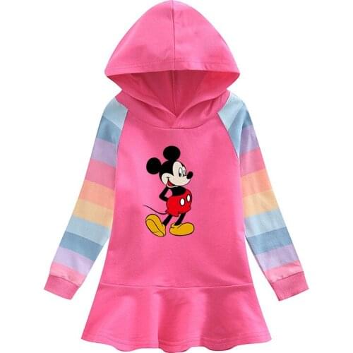 Disney Pink Mickey Dress Teenage Girls Long Sleeves Clothing Kids Cute Cotton Red dress Children Casual Clothes Strawberry Dress