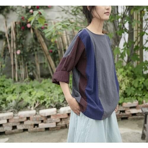 Women Spring Autumn Cotton Linen Patchwork Tops T-shirt Ladies Spliced Simple O Neck Tops Female Plus Size Tees Tops Shirt