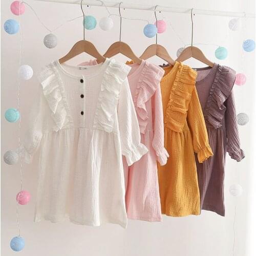 Menoea Baby Girls Dress Autumn Spring Ruffles Long Sleeve Solid Color Cotton Party Casual Dress Clothes Toddler Kid Clothes 1-4Y