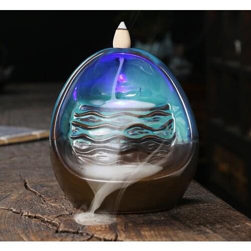 Ceramic LED Backflow Incense Holder Waterfall Incense Burner, with 20 Backflow Incense Cones Aromatherapy Ornament Home Decor