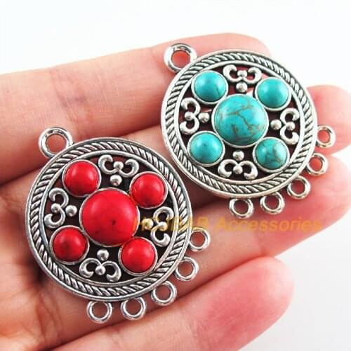 3Pcs Retro Tibetan Silver Tone Round Flower Blue&Red Stone Charms Connectors 31x40.5mm