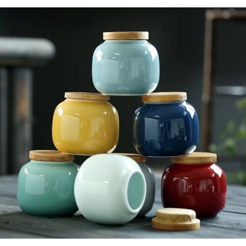 Creative Colorful Ceramic Tea Caddy with Wooden Lid Porcelain Small Objects Jewelry Candy Storage Jar Kitchen Storage Container