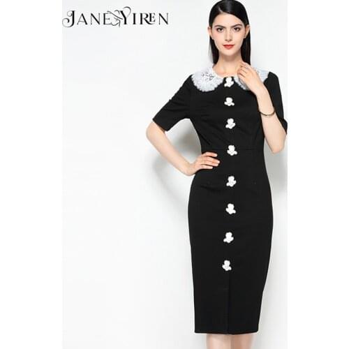 Janeyiren Fashion Designer dress Summer Womens Dress Lace Peter pan Collar Short Sleeve Black Vintage Elegant Dresses