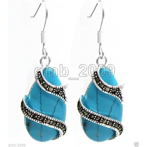 FASHION 925 STERLING SILVER BLUE MARCASITE DROP DANGLE EARRINGS