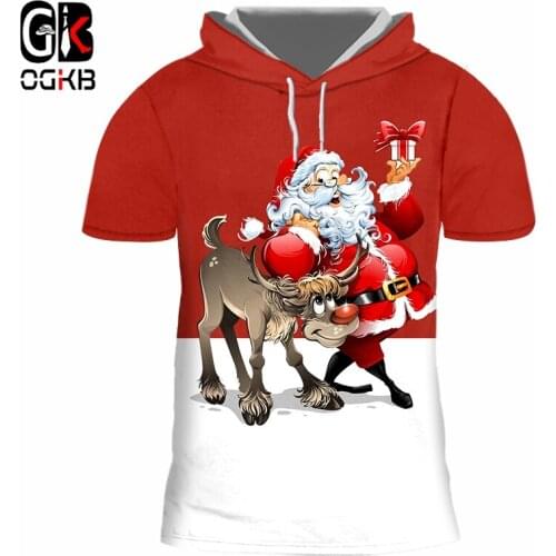 OGKB Mens Christmas Moon Pattern Hooded T Shirt 3D Printed Lovely Santa Claus And Bull Clothing Man Casual Tshirt