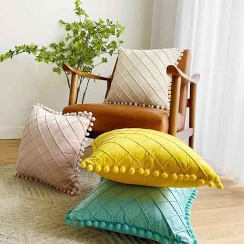 Soft Velvet Cushion Cover with Pompom Ball Embroidery Pillow Cover Bedroom Sofa Home Decoration Pillow Cases 30x50cm/45x45cm